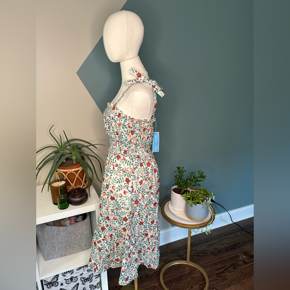 Draper James Taylor Smocked Waist Midi Dress XS NWT Strawberry Floral Cotton - Picture 3 of 12